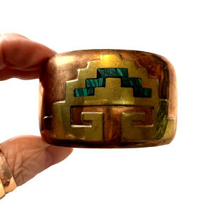 Southwestern Copper Brass Agate Inlay Wide Cuff Bracelet Geometric Design Signed